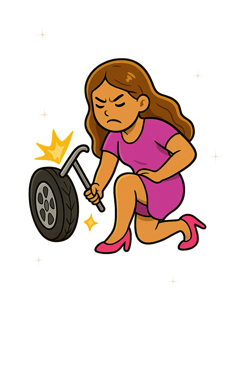 Girl flattening a car tire with a crowbar